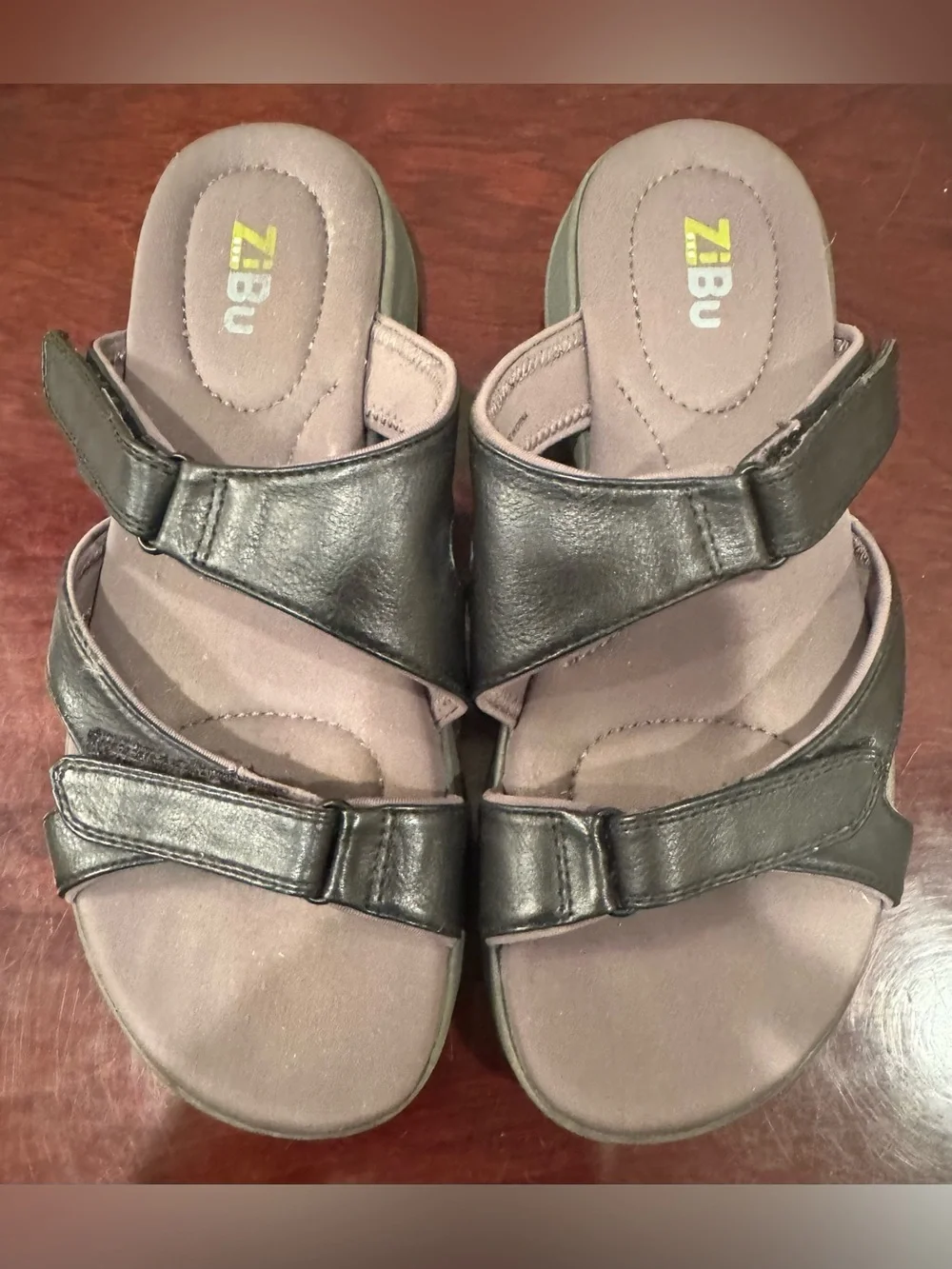 Women's Black Adjustable Leather Sandals by ZiBu - Size 7